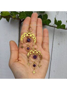 Celestial Amethyst Moon Star Dangle Earrings Purple Gemstone Crystal Witchy